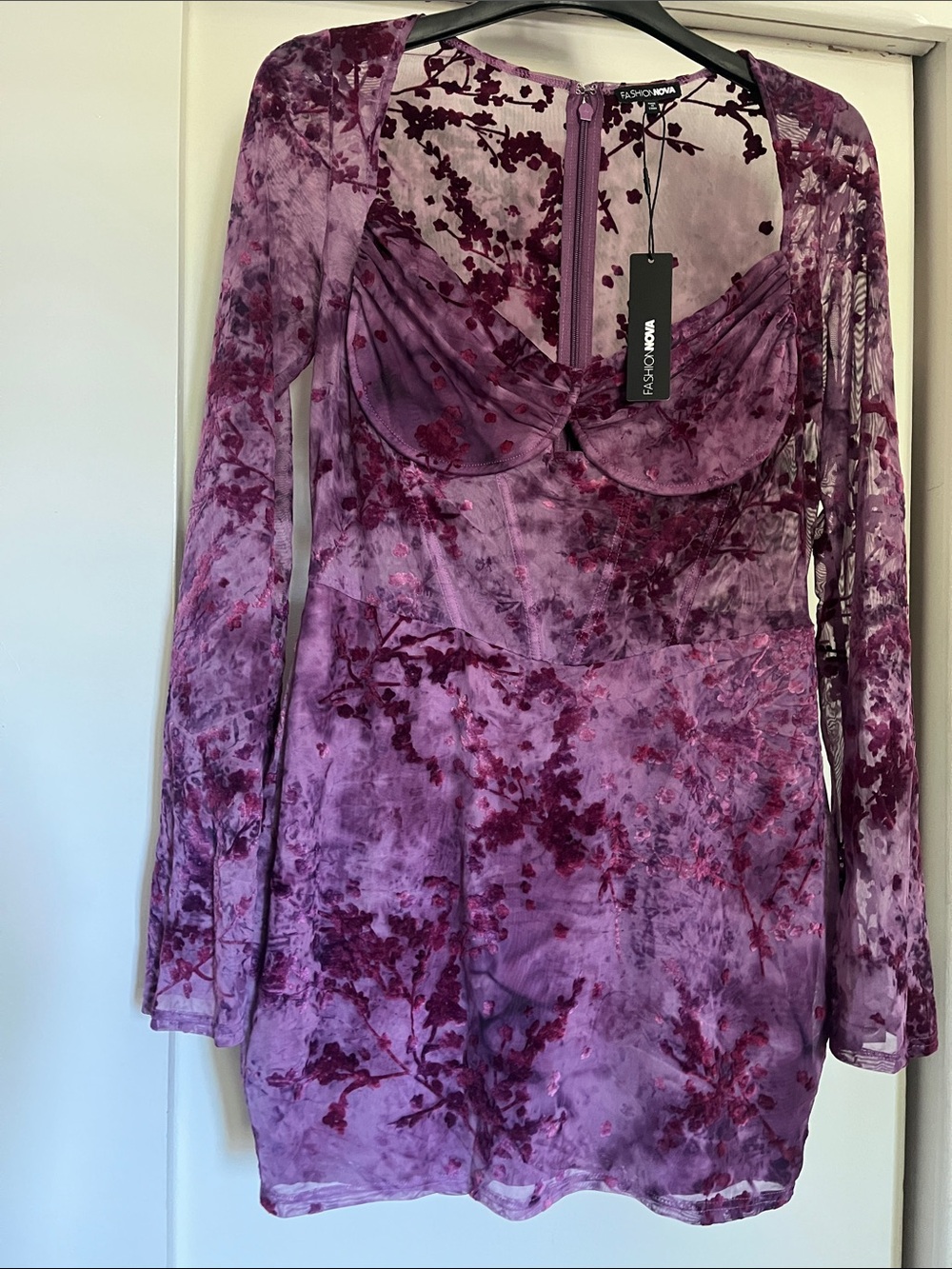 Fashion Nova Plum Floral Velvet Mesh Mini Dress